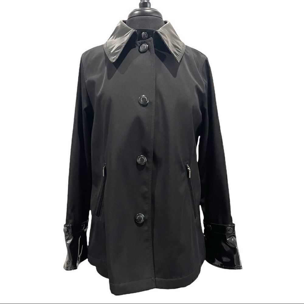 𝅺dana Buchman Black Faux Patent Leather Trim Raincoat Jacket Sz S